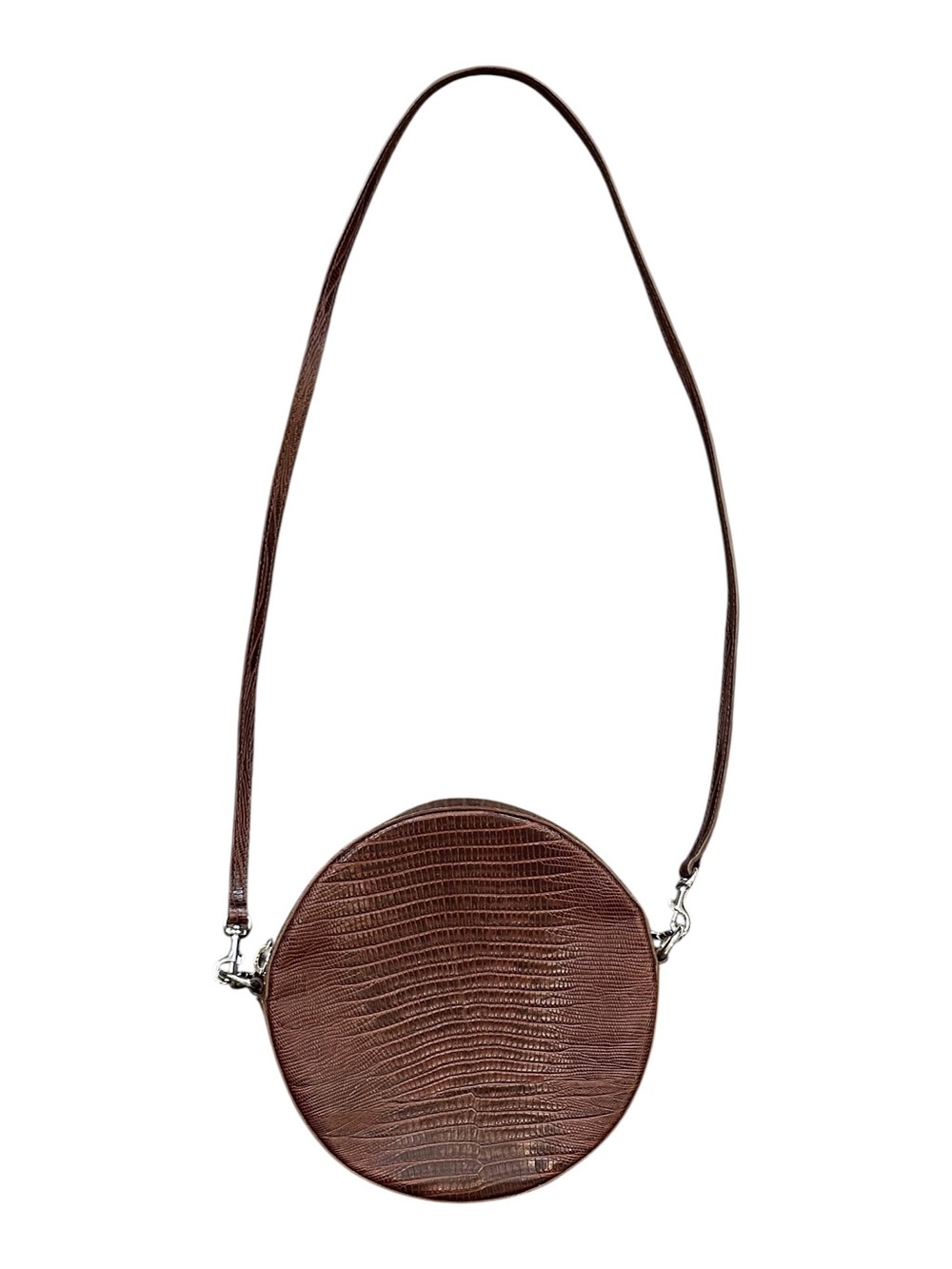 Little Liffner Croc-Embossed Leather Tambourine Circular Crossbody Cognac Brown